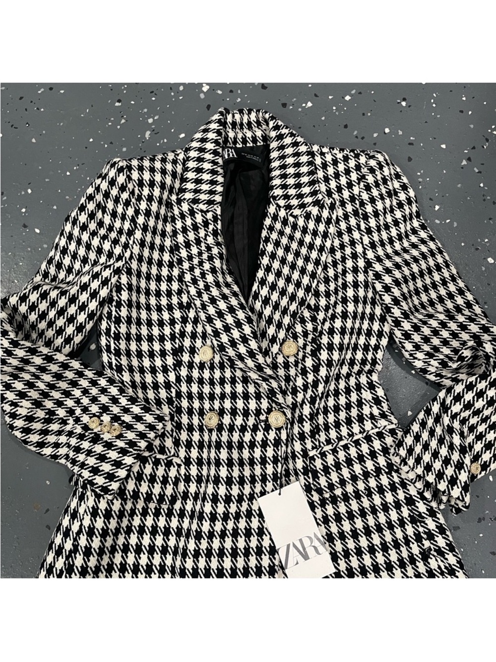 Zara Black & White Houndstooth Double-Breasted Blazer with Gold Buttons